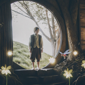 Statue of Bilbo Baggins, from 'The Hobbit', standing in a fantasy garden. The garden is filled with magical plants and creatures.