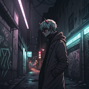 A sketch of a Tokyo Ghoul character, Ken Kaneki, standing in an urban alleyway at night. Dark, moody atmosphere with neon lights casting shadows.