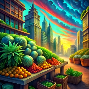 fruit stand with weed  in front of skyscraper in comic style