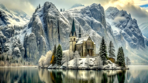 you see a cathedrale, which stands directly on the shore of a lake. behind the house is a wintry forest. high rock faces rise above the forest