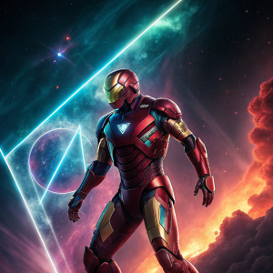 Stark Industries poster showcasing Iron Man's armor. Futuristic design, dynamic pose. Background features swirling cosmic nebula.