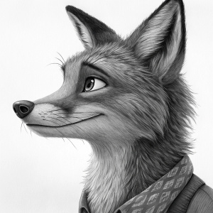 Close-up illustration of Nick Wilde. Character from Zootopia. Highly detailed fur textures and expressive features. Black and white artwork.