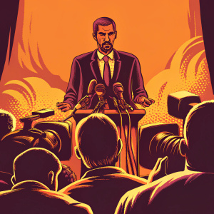 Pep Guardiola, in a formal suit, addressing a press conference. Intense look