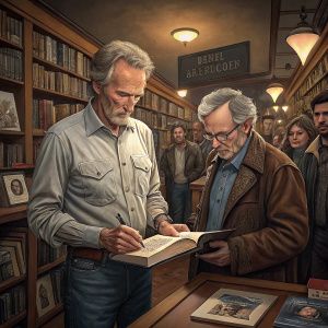 Clint Eastwood and Steven Spielberg at a book signing event. Clint Eastwood, wearing a casual button-down shirt and jeans, stands next to Steven Spielberg, dressed in a tweed jacket. The event is held in a cozy bookstore in downtown Manhattan.