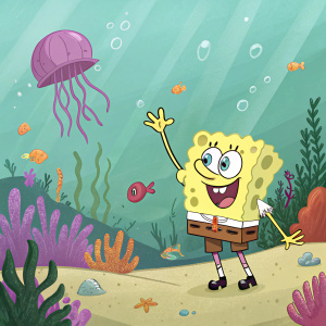 SpongeBob SquarePants standing in Bikini Bottom. A huge purple jellyfish floating in a green ocean background.