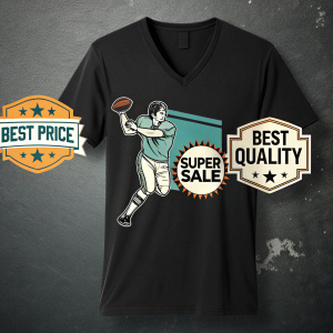 Photorealistic image of a black V-neck t-shirt featuring Ray Finkle, a football player in action, set against a dark, textured background. The shirt showcases Best Price, Best Quality, and Super Sale badges.