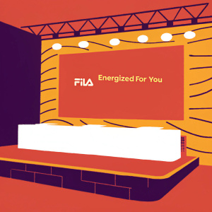 At a sleek, modern event space, FILA showcases its new line with a futuristic display. The slogan 'ENERGIZED FOR YOU' is prominently featured on vibrant wall graphics. The stage is illuminated with focused lights, highlighting the sleek white platform and vibrant branding.