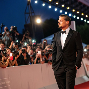 Leonardo DiCaprio at the Venice Film Festival. He's dressed in a classic black tuxedo. The background is filled with enthusiastic fans and flashing cameras.