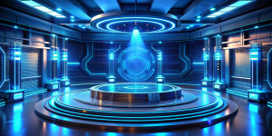 Background podium 3d light game circle blue neon stage screen hologram platform. Virtual 3D podium hud design technology background portal cyber tech cyberpunk digital element show space future room