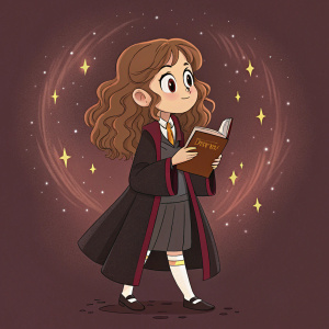 Digital illustration of Hermione Granger. Anime-style art. Wearing Hogwarts robe, holding a book. Dark maroon background with glowing edges