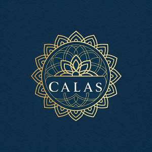 The logo for Calas, a premium brand, features intricate geometric shapes and the brand's name in an elegant font. Set against a rich, dark blue background.