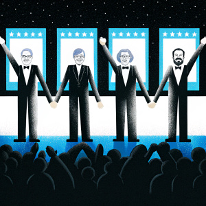 Martin Scorsese, George Lucas, Francis Ford Coppola, and Steven Spielberg on the stage at a film festival, celebrating a monumental achievement.