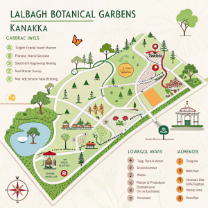 Interactive map of Lalbagh Botanical Gardens, Karnataka, India. Detailed layout featuring various attractions and amenities. Color-coded icons guide visitors through different sections. Easy-to-read design.