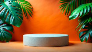 Cosmetics product advertising podium stand with tropical leaves background. Empty natural stone pedestal platform to display beauty product. Mockup