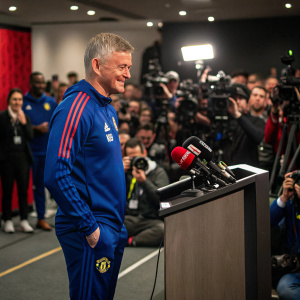 Ole Gunnar Solskjaer in a post-match press conference. He wears a blue Manchester United suit, standing at a podium with microphones. The background is a sea of reporters and cameras.