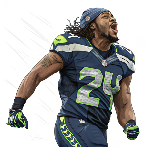 Digital artwork of Marshawn Lynch. Vibrant colors. Bold Seattle Seahawks logo. Dynamic athletic stance.