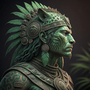 Green warrior statue, intricate jaguar headdress, detailed design. Dark background