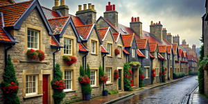 Street of a Victorian city. Evening. Stone houses with red tiled roofs, wooden window frames, wooden doors, smoke coming from two chimneys. There are Christmas decorations on the windows and doors of the houses.