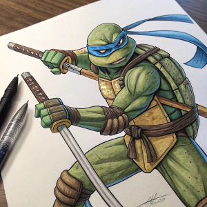 Sketch of Leonardo, a Teenage Mutant Ninja Turtle. Detailed drawing with pens and pencils. Dynamic pose. Background is empty white paper