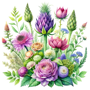 watercolor image , artichokes  ,pink centaurea ,nigella ,mentha ,, hydrangea , wild lupine ,compass plant ,dogwoodevening primrose ,nodding onion , cosmos,scilla,hosta ,achillea,carly dock ,bee balm , physalis , watercolor,  background