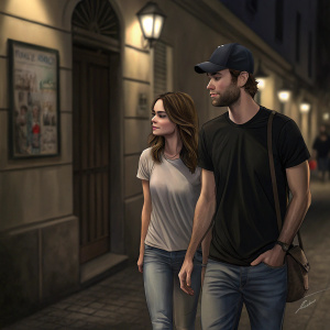 Chace Crawford and Rachelle Goulding walking through a quiet, dimly lit alleyway at night. Chace in a black t-shirt and baseball cap, Rachelle in casual t-shirt and jeans. Background shows a blurred facade of buildings with a small poster on the wall.