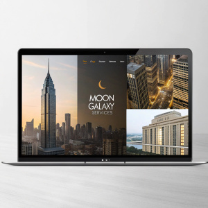 Website design for Moon Galaxy, featuring sleek modern aesthetics, cityscapes and architectural imagery, professional text about services, gold accents on neutral background, clear information hierarchy, contemporary and business-focused style.
