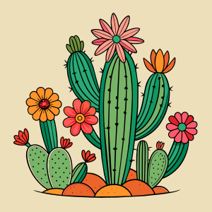 Flowering Cactus: Cacti combine with blooming flowers to create a combination of sturdy desert plants and delicate floral elements. The design should be in the shape of a semicircle. The background should be white, in vector design, with clean lines, suitable for the coloring book.