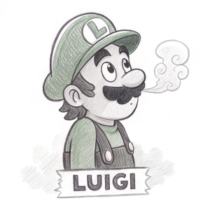 Luigi, the mario character, in sketch-style. Wearing iconic cap, mustache, puff of smoke. 'Luigi' written beneath the illustration.