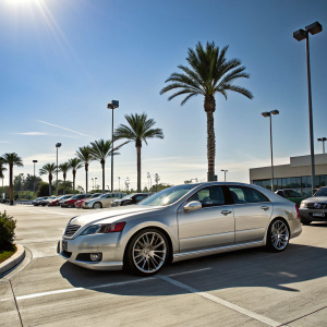 Shiny Acura RL Type-S parked in a spacious dealership lot. Amidst palm trees and other vehicles. Clear blue sky and bright sunlight.