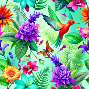 exotic orange craft paper with  purple -red birds  and yellow exotic flowers and wild flowers ,red  canna,flame altey,melon chamomileorange canna , ivy ,sisymbrium ,celosla, purplehyacinth ,saffron ,primrose ,rosemary , iris  , saffron ,primrose ,rosemary , iris  ,flying birds,exotic butterflies 