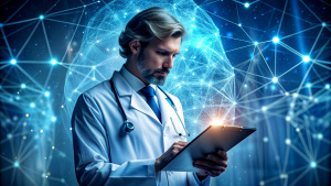  Medical technology, innovation health and medical research, healthcare and medicine concept.  Doctor or technician working with AI data analysis, lab experiment, data science