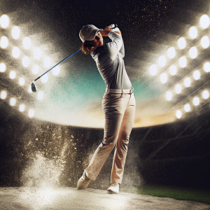 Hee Kyung Seo, South Korean golfer, striking a powerful golf swing pose. Bright stadium lights, green fairway background