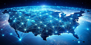 Digital map of USA, concept of North America global network and connectivity, data transfer and cyber technology, information exchange and telecommunication