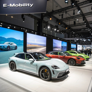 Electric Porsche models at Frankfurt Auto Show. Sleek, modern designs in various colors. Brightly lit, clean showroom floor with large display screens showing E-Mobility branding