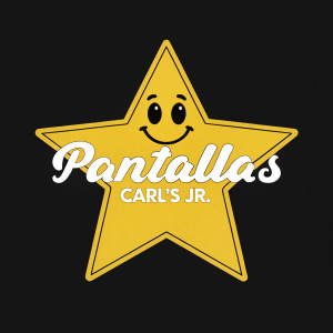 Cheery yellow starburst logo for Pantallas Carl's Jr. The star features a smiling face, set against a stark black background. Text 'Pantallas' and 'Carl's Jr.' are rendered in playful white script font.