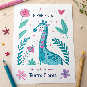 Creative promotional flyer for Girafiesta. Featuring a whimsical, hand-drawn giraffe in vibrant hues of blue, pink, and green. The design incorporates both Spanish text and playful illustrations. Event details: Friday, February 17, at Teatro Flores.