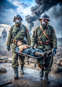un par de militares, usando mascara de gas, cargando una camilla con un prisionero herido en 1940, hiperrealista, hiperdetallado, 4k