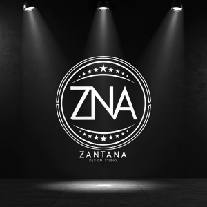Logo for Zantana Design Studio, featuring cryptic '2TNA' initials. Set against stark black background, illuminated in spotlight.