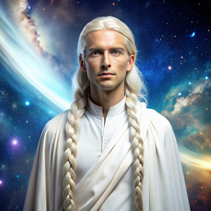 male pleiadian angel with white hair in braid, clean shaven, wearing white cloak, a compassionate face, standing in a galaxy