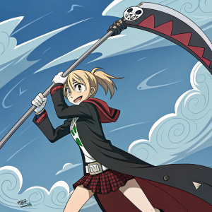 Maka Albarn from Soul Eater, wielding Death Scythe. Full-color manga-style illustration.