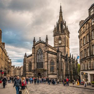 Tron Kirk, a historic Gothic church in Edinburgh, Scotland. Packed with tourists. People walking past on a busy street, admiring the towering spire and intricate stonework