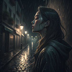 A contemplative Asian woman with long hair, elegant makeup, standing in a dimly lit, rain-soaked alley at night.