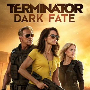 Poster for 'Terminator: Dark Fate'. Arnold Schwarzenegger alongside two women, one with long dark hair and another in a bright yellow top. All in combat attire, set against a backdrop of warm, intense colors.