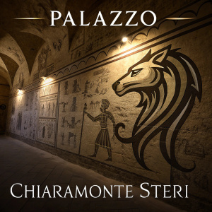The Palazzo Chiaramonte Steri logo, a modern and stylized design with a creature's head. The wall features aged, historical graffiti in dark brown, with sketch-like illustrations and old script. The overall tone is dark and evocative.