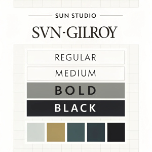 Webpage screenshot showcasing SUN Studio brand's primary typeface SVN-Gilroy. Font styles listed: Regular, Medium, Bold, Black. Neutral color scheme used.