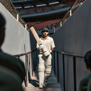 Fakhar Zaman, Pakistani cricketer, stands in the middle of a bustling stadium. Wearing cricket uniform, holding bat, with a serious expression.
