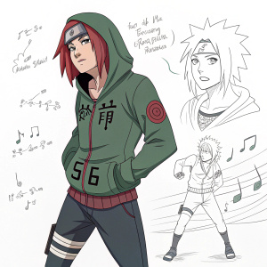 Artistic sketch of Tayuya from Naruto Shippuden. Detailed drawings of various poses and expressions, accompanied by descriptions and annotations. The sketch focuses on her muscular build, red hair, and green hoodie with musical notes. All on a plain white background.