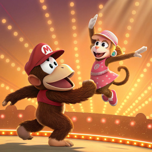 Digital artwork showcasing Diddy Kong leaping to the left while Dixie Kong, his counterpart, twirls gracefully to the right. Both are set against a vibrant, glowing backdrop that resembles a theatrical stage, illuminated in warm, golden hues.
