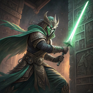 Fantasy warrior from 'Yu-Gi-Oh! BOX 1' brand PlayArte. Poses fiercely with green sword in dimly lit, ancient script-covered background.