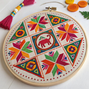 Colorful geometric patterns and animal motifs on a traditional Indian Phulkari embroidery piece. Vibrant and intricate, it's a symbol of Punjab's rich heritage.